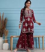 Hand embroidered maroon modal lucknowi chikankari garara set