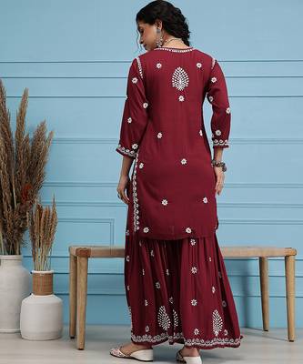 Hand embroidered maroon modal lucknowi chikankari garara set 2