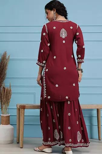 Hand embroidered maroon modal lucknowi chikankari garara set