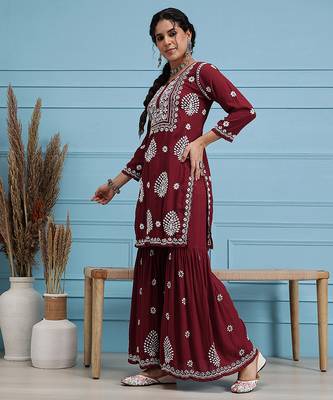 Hand embroidered maroon modal lucknowi chikankari garara set 3