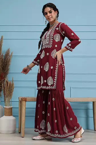 Hand embroidered maroon modal lucknowi chikankari garara set