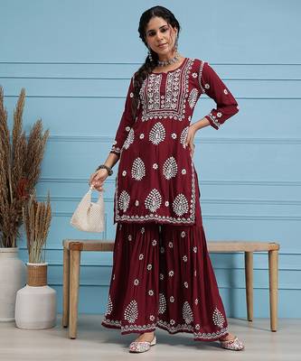 Hand embroidered maroon modal lucknowi chikankari garara set 4