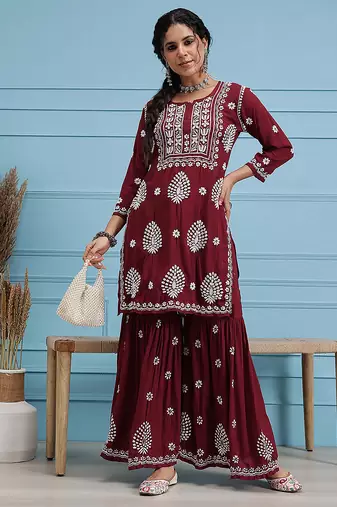 Hand embroidered maroon modal lucknowi chikankari garara set