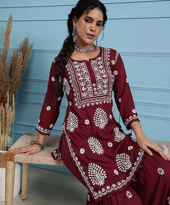 Hand embroidered maroon modal lucknowi chikankari garara set 5