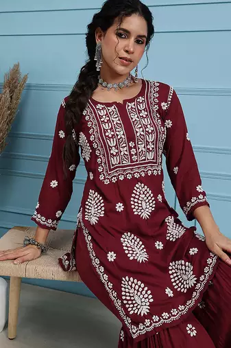 Hand embroidered maroon modal lucknowi chikankari garara set