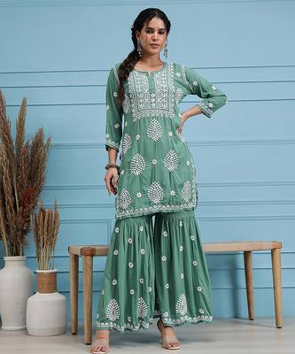 Hand embroidered green modal lucknowi chikankari garara set 1