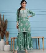 Hand embroidered green modal lucknowi chikankari garara set