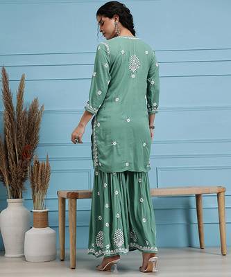 Hand embroidered green modal lucknowi chikankari garara set 2