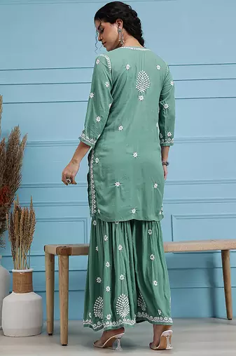 Hand embroidered green modal lucknowi chikankari garara set