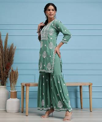 Hand embroidered green modal lucknowi chikankari garara set 3