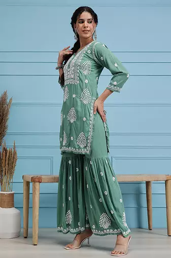 Hand embroidered green modal lucknowi chikankari garara set