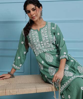 Hand embroidered green modal lucknowi chikankari garara set 4