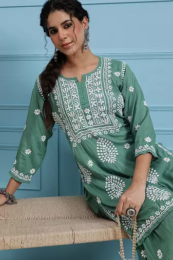Hand embroidered green modal lucknowi chikankari garara set