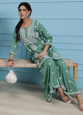 Hand embroidered green modal lucknowi chikankari garara set 5