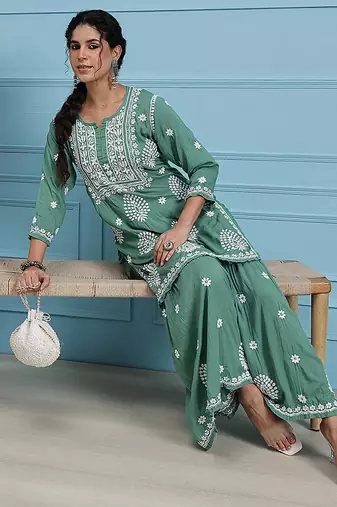 Hand embroidered green modal lucknowi chikankari garara set