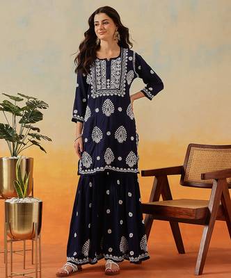 Hand embroidered navy blue modal lucknowi chikankari garara set 1