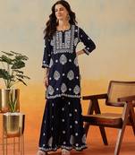 Hand embroidered navy blue modal lucknowi chikankari garara set