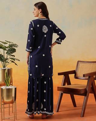 Hand embroidered navy blue modal lucknowi chikankari garara set 2