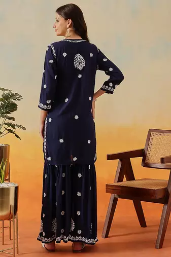 Hand embroidered navy blue modal lucknowi chikankari garara set