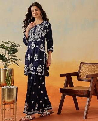 Hand embroidered navy blue modal lucknowi chikankari garara set 3
