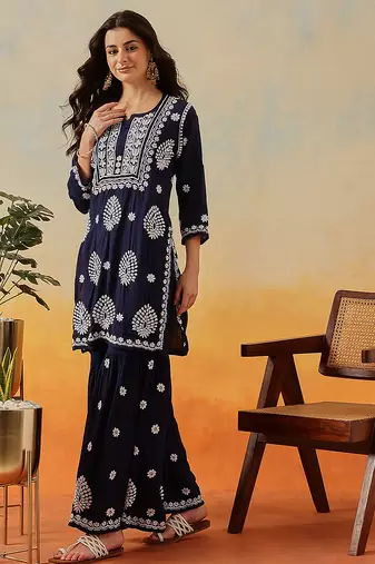 Hand embroidered navy blue modal lucknowi chikankari garara set