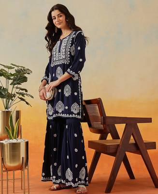 Hand embroidered navy blue modal lucknowi chikankari garara set 4