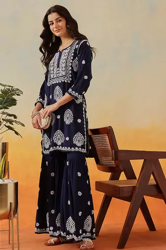 Hand embroidered navy blue modal lucknowi chikankari garara set