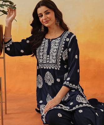 Hand embroidered navy blue modal lucknowi chikankari garara set 5