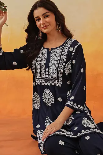 Hand embroidered navy blue modal lucknowi chikankari garara set