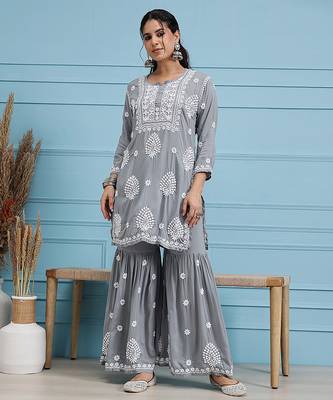 Hand embroidered grey modal lucknowi chikankari garara set 1