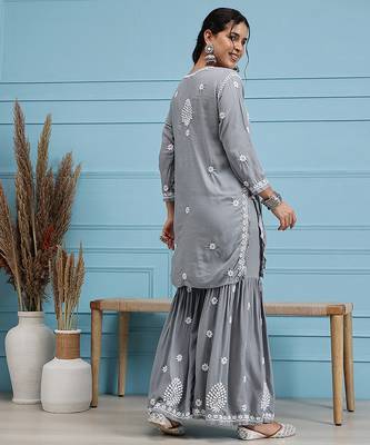 Hand embroidered grey modal lucknowi chikankari garara set 2
