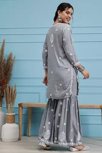 Hand embroidered grey modal lucknowi chikankari garara set