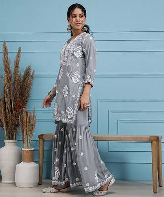 Hand embroidered grey modal lucknowi chikankari garara set 3