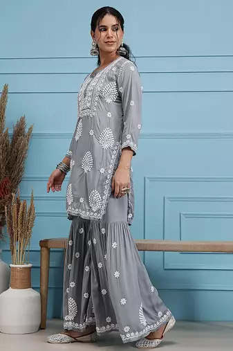 Hand embroidered grey modal lucknowi chikankari garara set