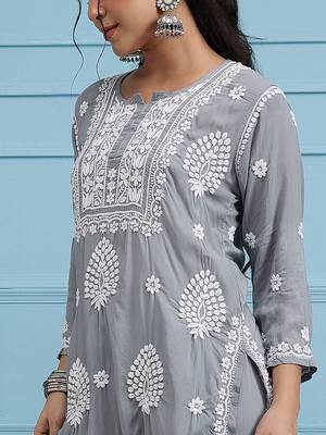 Hand embroidered grey modal lucknowi chikankari garara set 4