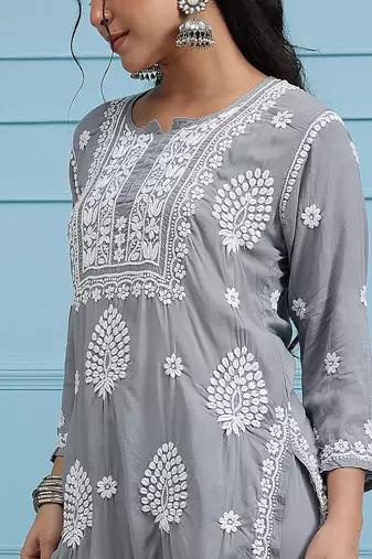 Hand embroidered grey modal lucknowi chikankari garara set