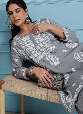 Hand embroidered grey modal lucknowi chikankari garara set 5