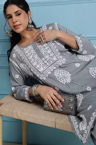 Hand embroidered grey modal lucknowi chikankari garara set
