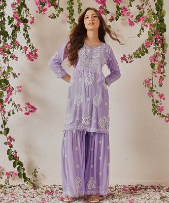Hand embroidered lavender modal lucknowi chikankari garara set 1