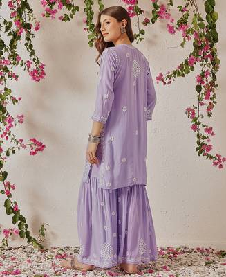Hand embroidered lavender modal lucknowi chikankari garara set 2