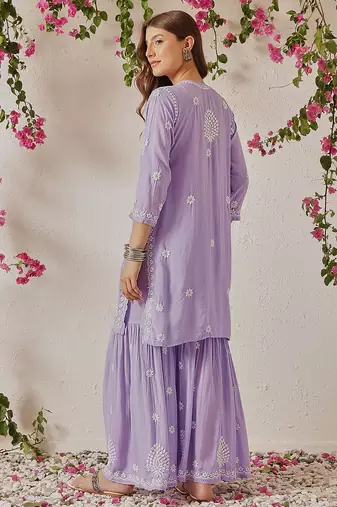 Hand embroidered lavender modal lucknowi chikankari garara set
