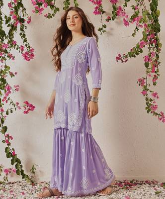 Hand embroidered lavender modal lucknowi chikankari garara set 3