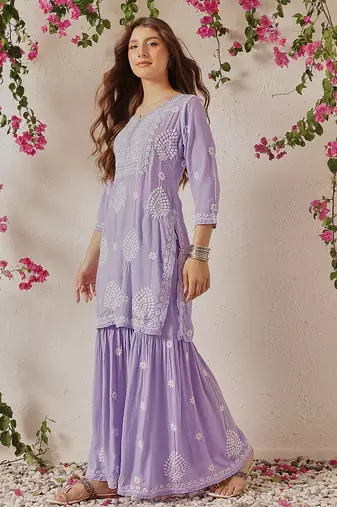 Hand embroidered lavender modal lucknowi chikankari garara set