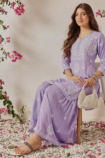 Hand embroidered lavender modal lucknowi chikankari garara set