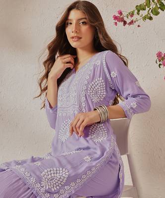 Hand embroidered lavender modal lucknowi chikankari garara set 5