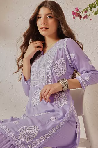 Hand embroidered lavender modal lucknowi chikankari garara set