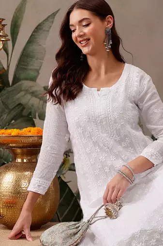Hand embroidered white kota lucknowi chikankari kurta set with slip