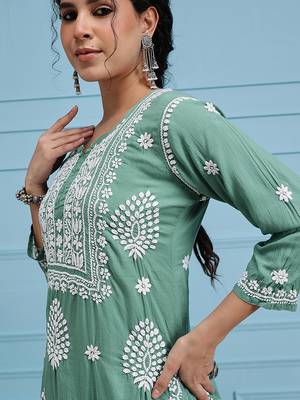 Hand embroidered green modal lucknowi chikankari garara set 6