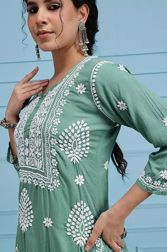 Hand embroidered green modal lucknowi chikankari garara set