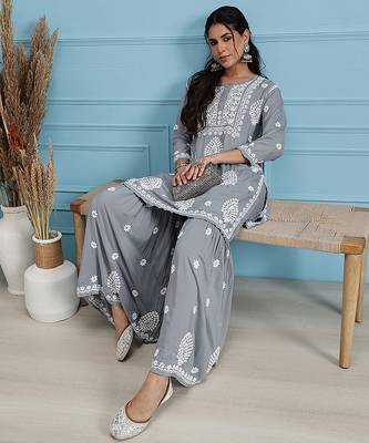 Hand embroidered grey modal lucknowi chikankari garara set 6